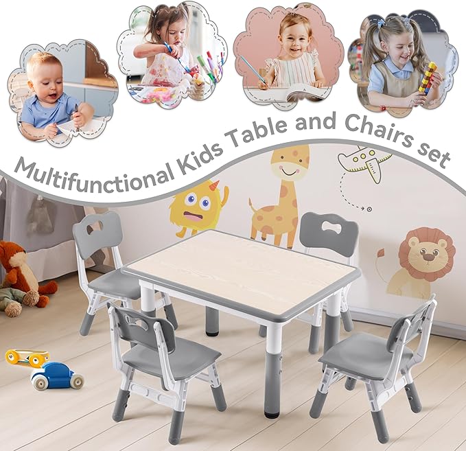Kids Study Table and Chairs Set, Height Adjustable Toddler Table and Chair Set for Kids Ages 3-8, 31.5" L x 23.6" W Graffiti Desktop Plastic Children Art Table with 4 Seats, Grey