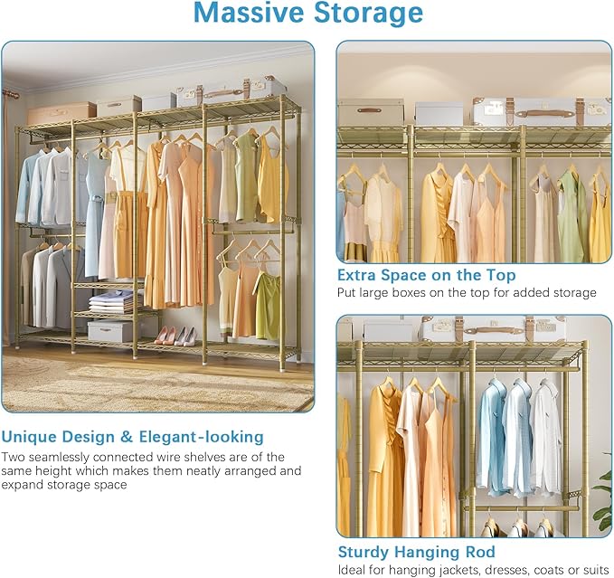 VIPEK V40 Wire Garment Rack Heavy Duty Clothes Racks for Hanging Clothes, Multi-Functional Metal Clothing Racks Bedroom Freestanding Wardrobe Closet Rack, 76" Lx15.7 Wx76.4 H, Max Load 1110lbs, Gold