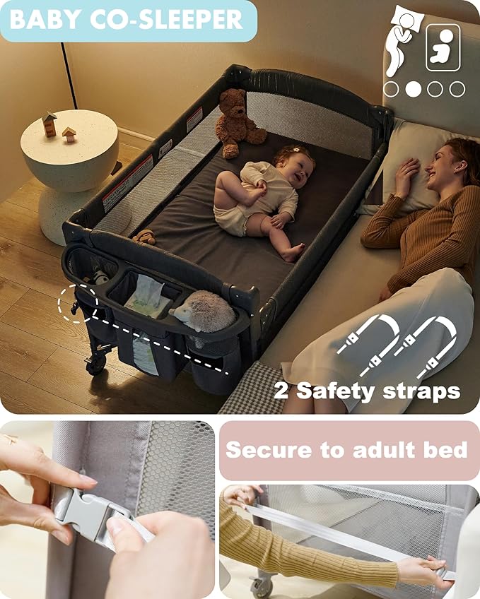 AirClub 4 in 1 Baby Bassinet Bedside Sleeper, 4 Functions Crib, Playard, Portable Changing Table, Bassinet for Newborn Baby, Bedsaide Bed w/Wheels&Brakes