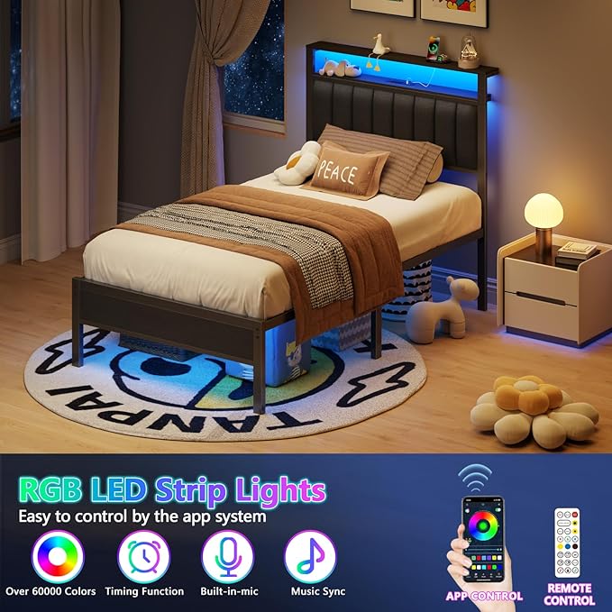 Furnulem Twin Size Bed Frame with Charging Station and LED Lights, Platform Bed with Metal Slats, Grey Upholstered Headboard with 2-Tier Storage Shelves, No Box Spring Needed