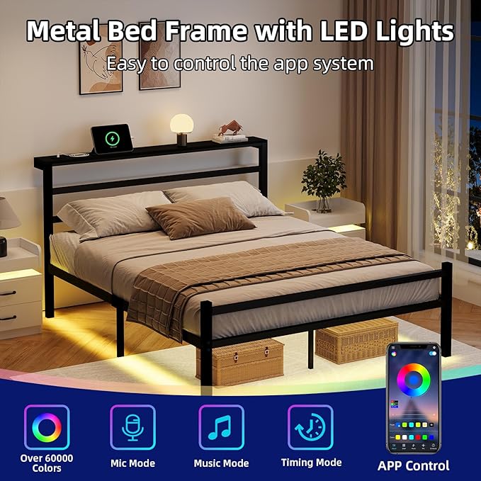 Queen Size Bed Frame with LED Lights, Metal Platform Bed Frame with Storage Headboard, Bed Frame Queen Size with Charging Station, Heavy Duty Metal Slat, No Box Spring Needed, Easy Assembly, Black