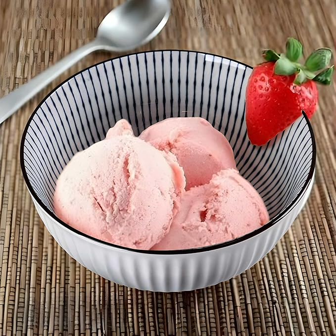 QINLANG 6 Inch Blue and White Porcelain 30 oz Bowls Set of 6 for Soup, Cereal, desserts, ice cream and Rice - Striped Pattern