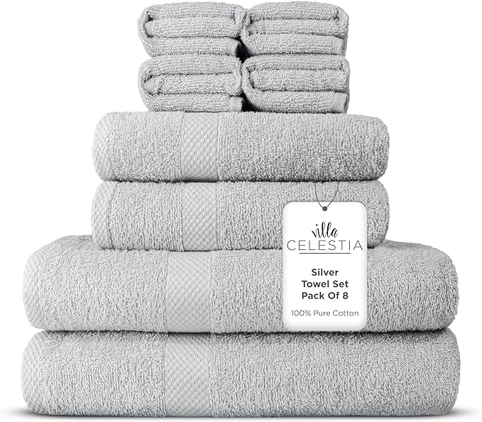 100% Combed Cotton Bathroom Towel Set of 8- 2 Bath Towels, 2 Hand Towels, 4 Wash Cloths, Sustainable, Soft, Highly Absorbent 8 Piece Cotton Bath Towel Set Ideal for Hotels, Spa, Bathroom, Dorm, Silver