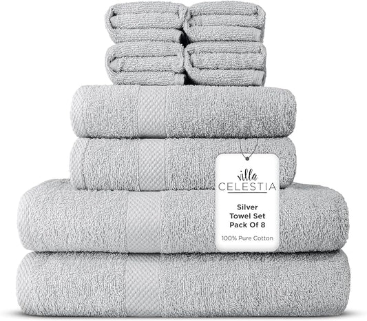 100% Combed Cotton Bathroom Towel Set of 8- 2 Bath Towels, 2 Hand Towels, 4 Wash Cloths, Sustainable, Soft, Highly Absorbent 8 Piece Cotton Bath Towel Set Ideal for Hotels, Spa, Bathroom, Dorm, Silver