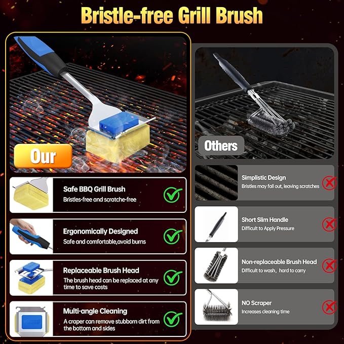 Grill Brush Bristle Free for Outdoor Grill, Steam Grill Cleaning Brush Replaceable BBQ Cleaner Brush Head,Extended Handle, Safe Grill Brush with Scraper for Cast Iron Stainless-Steel Grates,Blue
