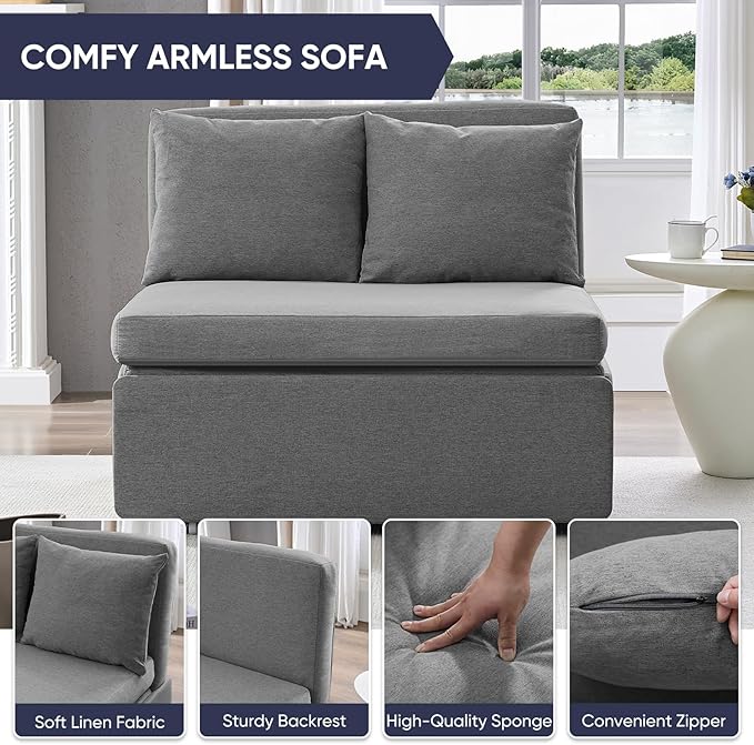 2 in 1 Pull Out Sofa Bed Full Size, Small Convertible Sleeper Sofa Couch, Linen Folding Guest Bed with Wheels and Cushions Pillow, Futon Sofas Couch Beds for Bedroom Office Lounge - Light Grey