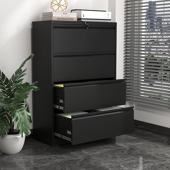 Lateral File Cabinet with Lock,4 Drawer Metal Filing Cabinets, Home Office Storage Cabinet for Hanging Files Letter/Legal/F4/A4 (Black)