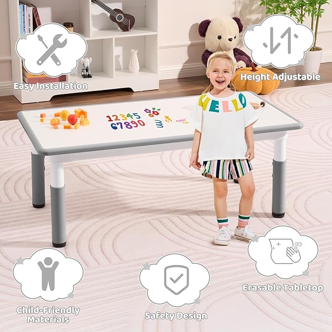 Toddler Table, 7 Level Height Adjustable Kids Play Furniture for Ages 3-8, Rectangular Plastic, 23.6" W x47.2 L, Multi-Activity Desk with Graffiti Desktop for Home & Daycare