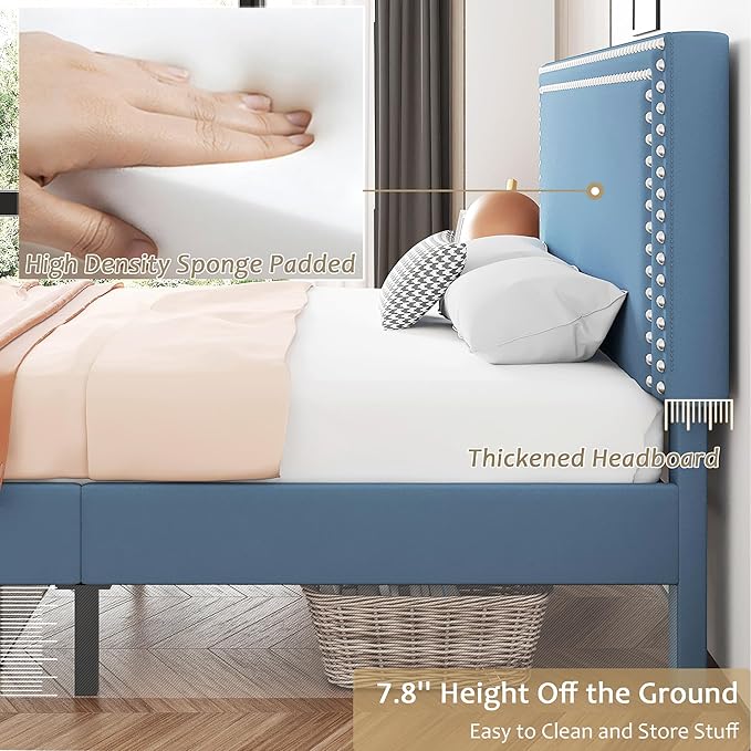 VECELO Full Size Bed Frame with Adjustable Upholstered Headboard, Wooden Slats Platform, Noise-Free Design, No Box Spring Needed, Easy Assembly