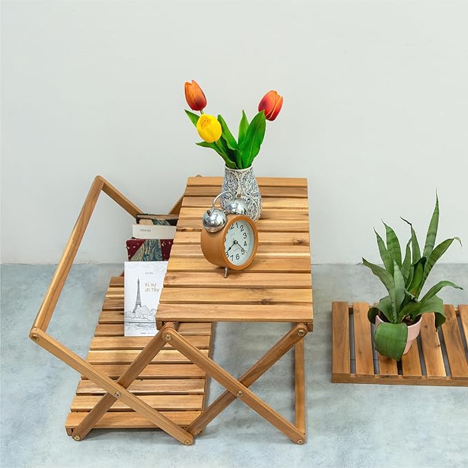 BEEFURNI Multipurpose Display Shelf Folding, 3 Tier Shelf, Acacia Wood Rack, Plant Stand Indoor, Wooden Shoe Rack, Vanity Bathroom Stand, Easy to Assemble, 1 Year Warranty