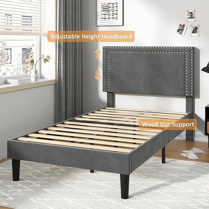 VECELO Twin Size Platform Bed Frame with Adjustable Upholstered Headboard, Strong Wood Slat Support, No Box Spring Needed, Easy Assembly