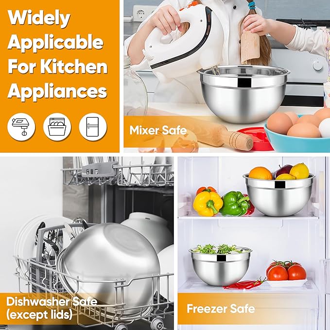 TeamFar Mixing Bowl Set of 5, 4.5/3/1.5/1/0.7 QT, Stainless Steel Metal Nesting Salad Bowl with Lid Set, Ideal for Mixing Serving, Non-Toxic & Sturdy, Airtight Lid & Easy Clean, Black