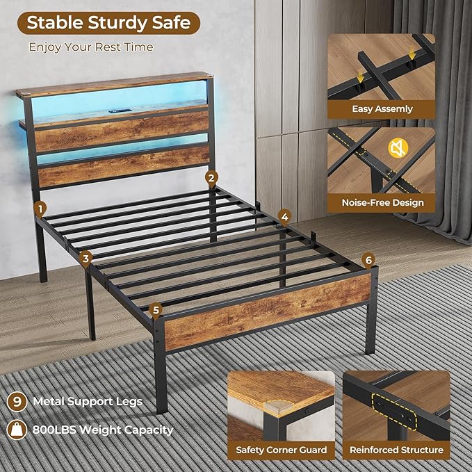 Hasuit Twin Bed Frame with Headboard LED Lights, Twin Size Bed with Charging Station 2-Tier Storage Shelves, Metal Platform Bed with Heavy Duty Slat, Fast Assembly, No Box Spring Needed, Noise Free