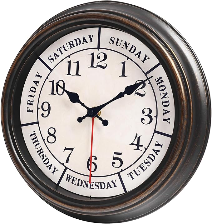 zyzamay 12 Inch Retro Wall Clock,Classic Day of The Week Wall Clock,Easy to Read,Non-Ticking Round Classic(Black Gold)