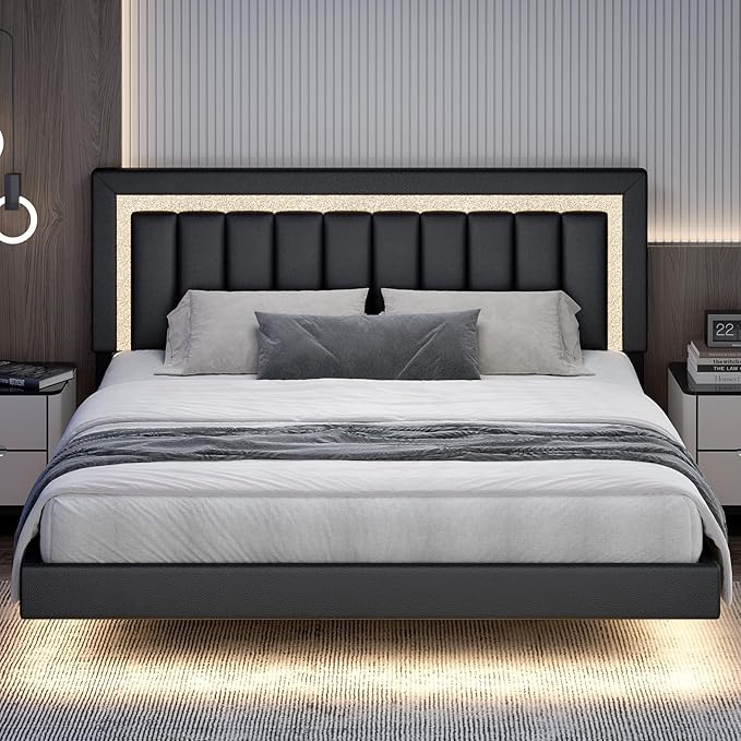 HOMBCK Floating Bed Frame King with Smart LED Lights, Faux Leather Upholstered Platform Bed with Diamond PU Headboard, No Box Spring Needed, Noise-Free, Easy Assembly, Black