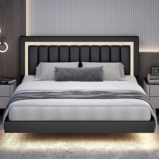 HOMBCK Floating Bed Frame King with Smart LED Lights, Faux Leather Upholstered Platform Bed with Diamond PU Headboard, No Box Spring Needed, Noise-Free, Easy Assembly, Black
