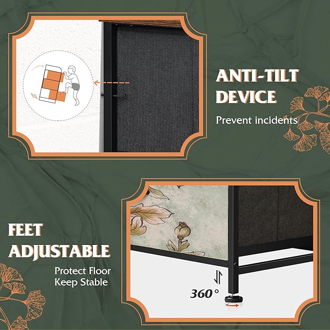 WLIVE Storage Organizer Unit with 11 Fabric Bins, Storage Drawers Organizer with Steel Frame, Tall Storage Tower Organizaton for Living Room, Hallway, Office, Floral Painted