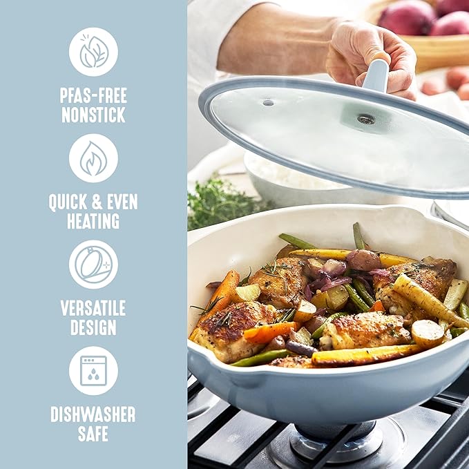 GreenLife Nonstick 12” (5QT) All in One Deep Skillet Wok with Lid, PFAS-Free Non-Toxic Ceramic Multi-Purpose Pan, Induction, All Stovetop, Egg, Stir Fry, Saute, Stay Cool Handle, Blue Haze