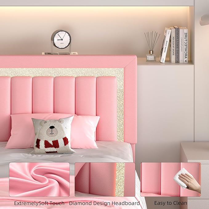 HOMBCK Floating Bed Frame Full with Smart LED Lights, Faux Leather Upholstered Platform Bed with Diamond PU Headboard, No Box Spring Needed, Noise-Free, Easy Assembly, Pink