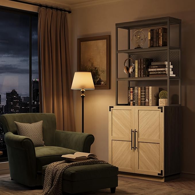 SICOTAS Tall Bookshelf with Storage Cabinet - Modern Book Shelf with Doors and Shelves, 5 Tier Bookcase with Metal Frame Industrial Large Book Case for Home Office, Living Room, 75 Inch, Sand Beige