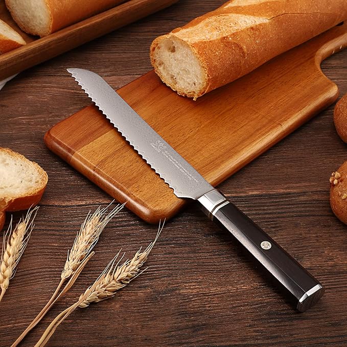 8" Serrated Bread Knife, Made of 67 Layers Damascus w/Octago Indonesian Ebony Handle Professional Cuts Thick Loaves Effortlessly have Razor Sharp and Superb Edge Retention