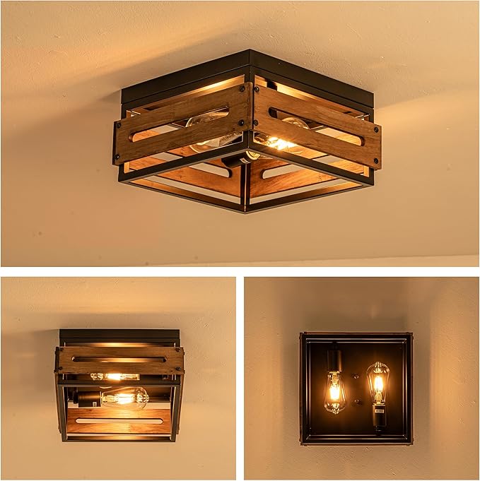 MAYNA Farmhouse Ceiling Light, 2-Light Rustic Flush Mount Ceiling Light with Metal and Wood, Farmhouse Hallway Light Fixtures for Kitchen Entryway Bedroom Dining Room
