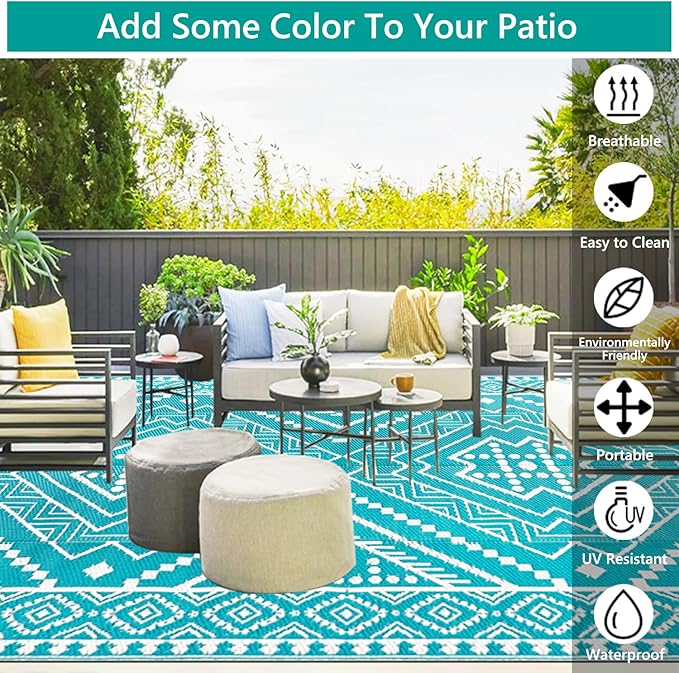 Waterproof Outdoor Rug 9x12 ft, Reversible Plastic Straw Mat, Large Floor Mat for Patio, Camping, Picnic, Backyard RV, Deck, Teal
