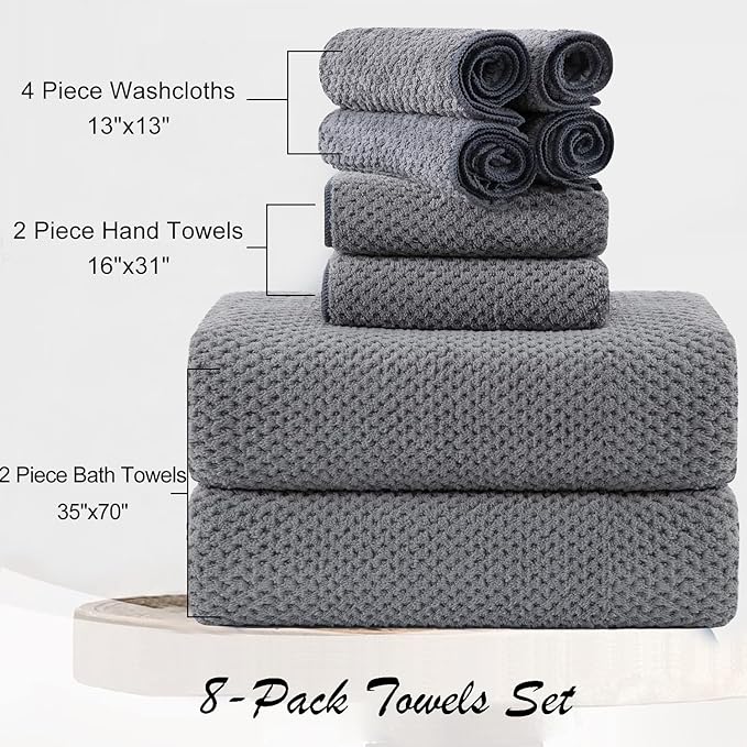 8 Piece Large Grey Family Bath Towel Set-2 Oversized Bath Towel Sheets,2 Hand Towels,4 Washcloths-600GSM Soft Highly Absorbent Quick Dry Beach Chair Towels Woven Towels for Bathroom Hotel and Spa