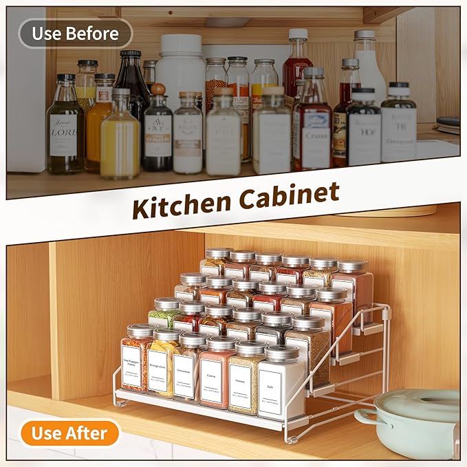 Tiered Spice Rack, 4 Tier Spice Shelf Organizer for Cabinet, Spice Rack Organizer, Depth Adjustable Seasoning Rack Organizer for Cabinet, Countertop, Pantry, Metal, White (1 Pack)