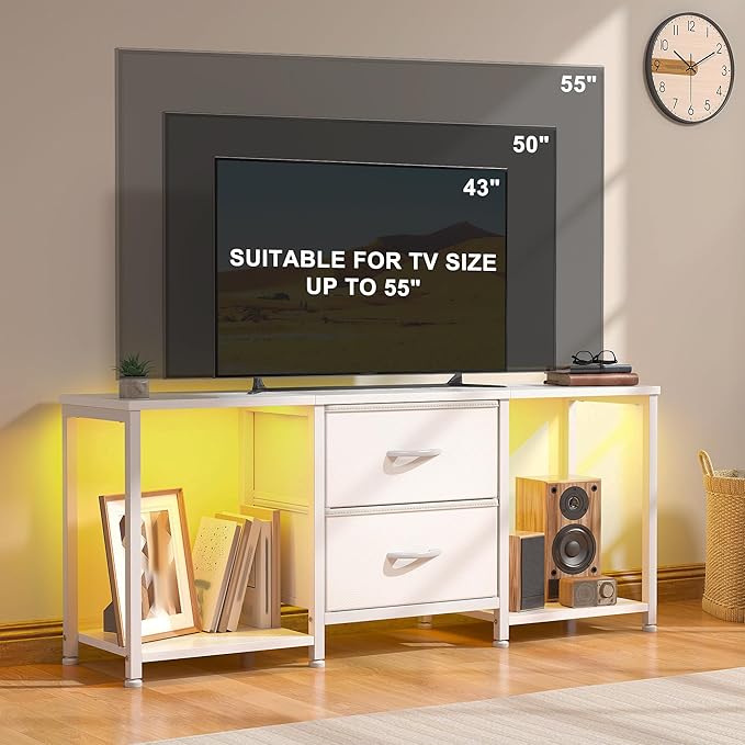 White TV Stand with LED for TVs up to 55 Inch, Coffee Table with 2 Fabric Drawers and 2 Open Storage Shelves, Entertainment Center TV Console for Living Room, Bedroom, Wood Top, Metal Frame