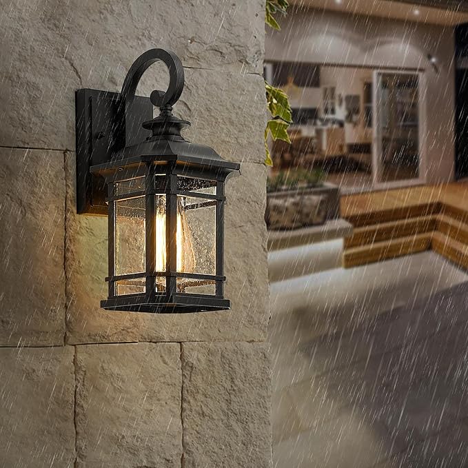 Emliviar Outdoor Wall Lantern Lights, 1-Light Exterior Wall Sconce Lamp, Black Finish with Clear Seeded Glass, 2084B BK