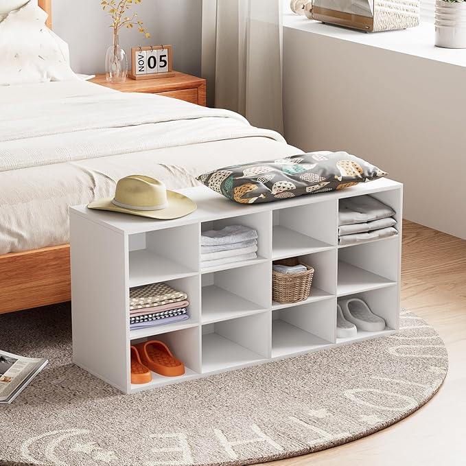 12-Cubby Shoe Rack, 3-Tier Wood Shoe Organizer, Multifunctional Shoe Organizer Bench for Entryway, Mudroom, Hallway, Closet,36.22 * 11.81 * 17.72 Inch,White