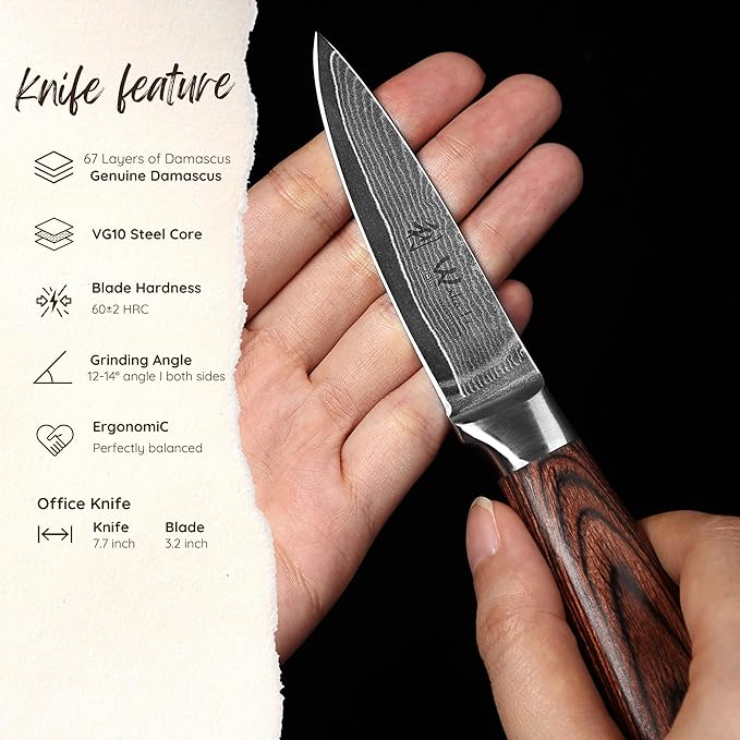 Wakoli Office Knife 3.2-inch Damascus Chef Knife - 67-Layer VG10 Core Steel, Razor Sharp with Pakkawood Handle, for Cooking & Slicing - Gift Box (EDIB)