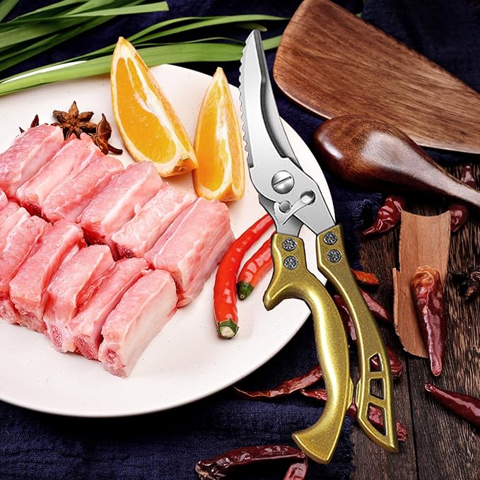 ANDONG Poultry Shears Heavy Duty Kitchen Shears with Serrated Edge, Kitchen Scissors spring loaded, Chicken Shears Heavy Duty Professional, Gold