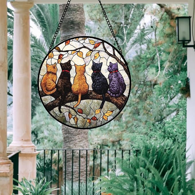 Stained Glass Window Hanging - 5 Cats on a Branch Suncatcher for Window Doors Home Decoration and Christmas, Mother's Day Father's Day Birthday Gifts for Women, Men, and Mom 9.8x9.8 in