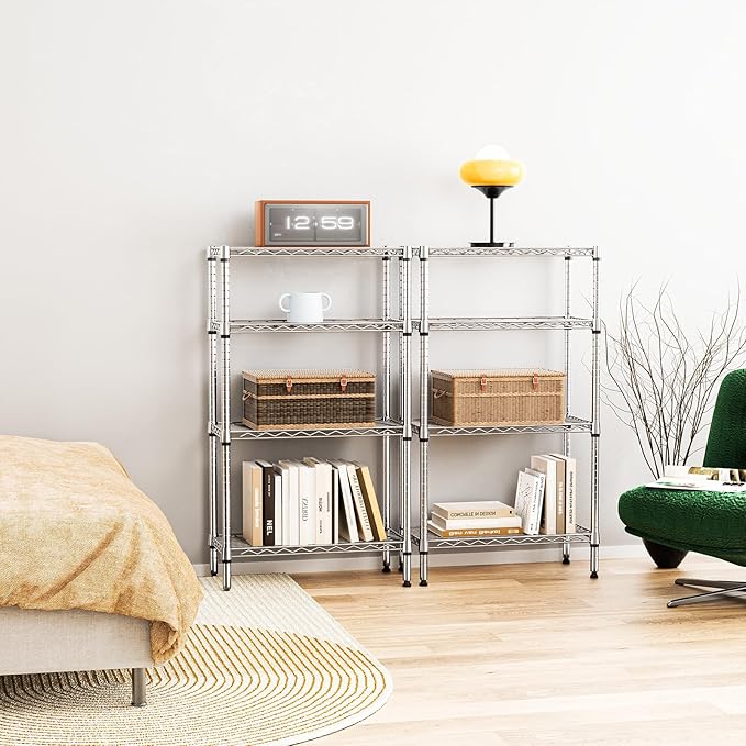 IZEUK 4 Tier Steel Storage Shelves, Heavy Duty Metal Shelf Wire Shelving Rack for Pantry, Kitchen, Living Room, or Office Organization (11.8" D x 25.6" W x 45.5" H, 1000LBS, Chrome)