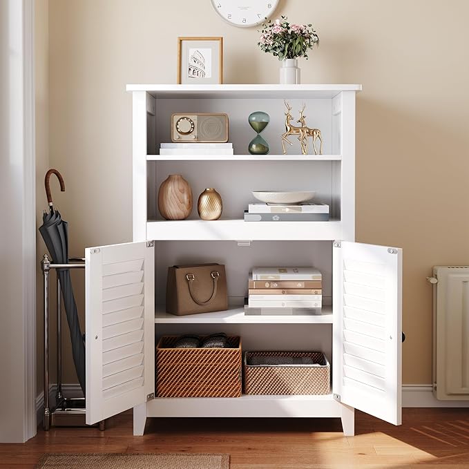 Gizoon Bathroom Floor Cabinet with Widened Top Table, Freestanding Storage Cabinet with Adjustable Shelf, 2 Shutter Doors and Concealed Hinges, for Living Room, Entryway, Kitchen, White