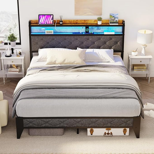Winkalon Queen Bed Frame with Headboard, Bed Frame with Charging Station, Metal Platform Bed Frame Queen Size No Box Spring Needed, Modern Wood Upholstered Headboard and Under Bed Storage