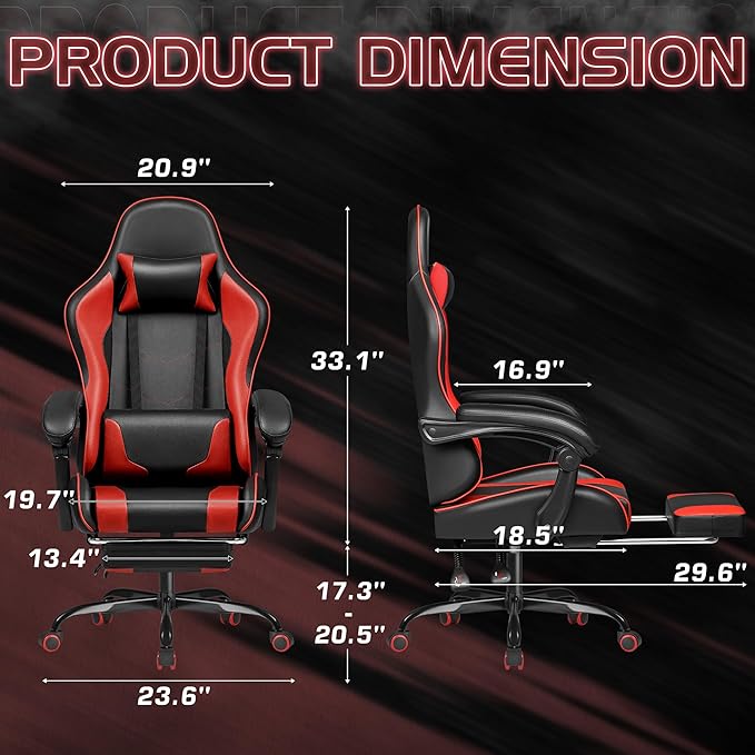Homall Gaming Chair, Video Game Chair with Footrest and Massage Lumbar Support, Ergonomic Computer Chair Height Adjustable with Swivel Seat and Headrest (Red)