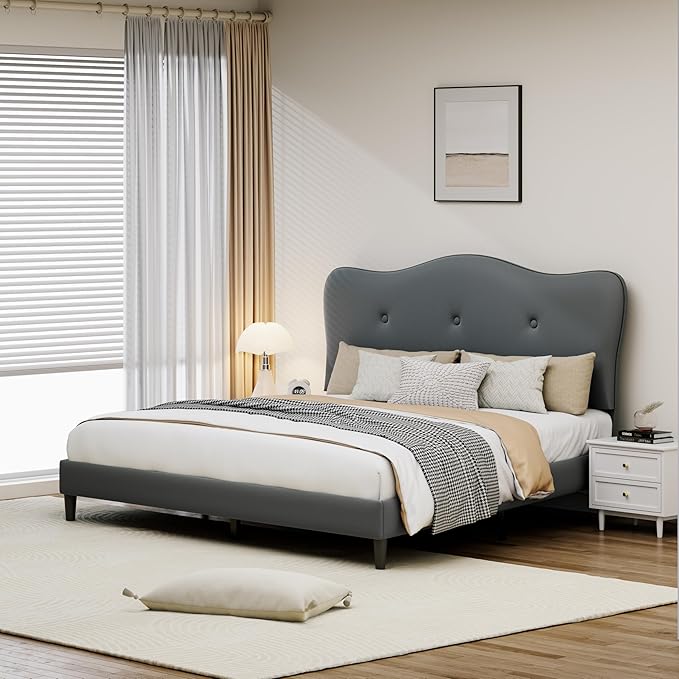 Queen Size Bed Frame, Upholstered Bed Frame with Headboard, Platform Bed Frame with Wood Slats Support, No Box Spring Needed, Adjustable Height Headboard, Dark Grey