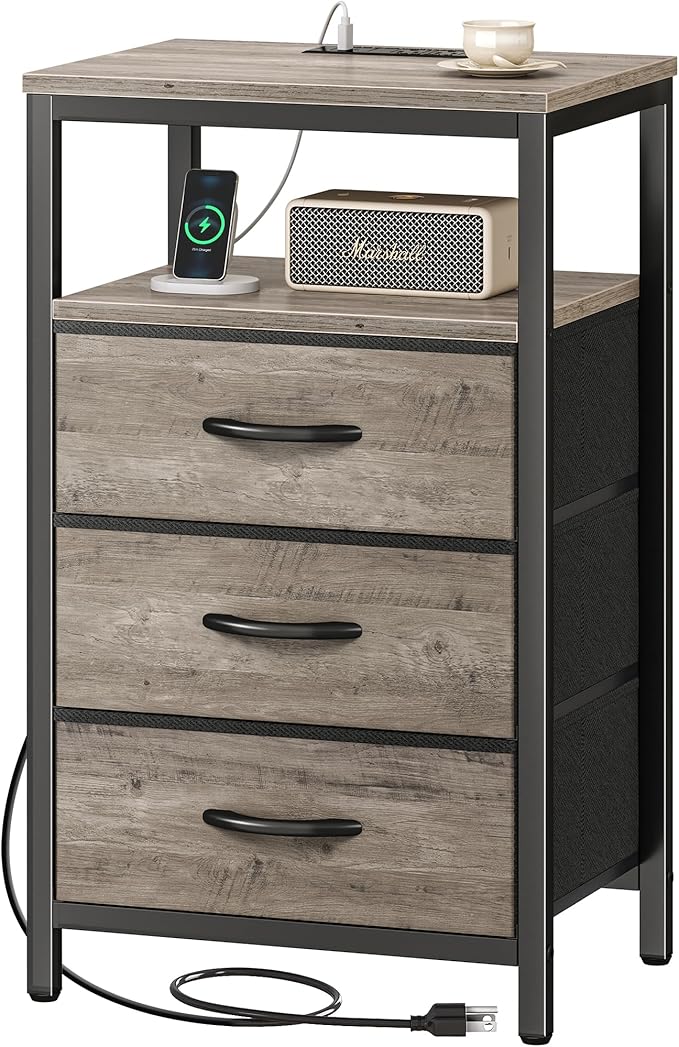 Huuger Nightstand with Charging Station, 27.6 Inch End Table Bedside Table with USB Ports and Outlets, Night Stand for Bedroom, Fabric Drawers, Oak