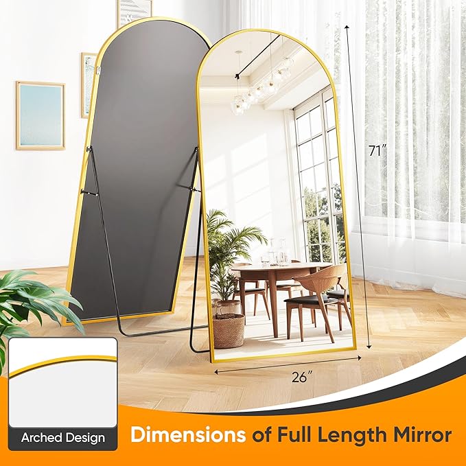 Suidia Full Length Mirror, 71"x26" Floor Standing Mirror Freestanding, Full Body Mirrors with Stand for Bedroom, Hanging Mounted for Living Room Cloakroom, Gold, Arched Style