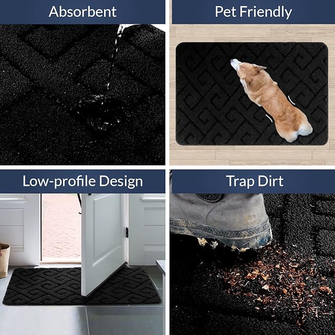 Walensee Indoor Doormat, Front Door Mat for Entrance (36"x59" Black) Machine Washable Entryway Rug, Non Slip Trapper Door Rugs Absorbent Dirt Low Profile Shoes Scraper Inside Floor Mats
