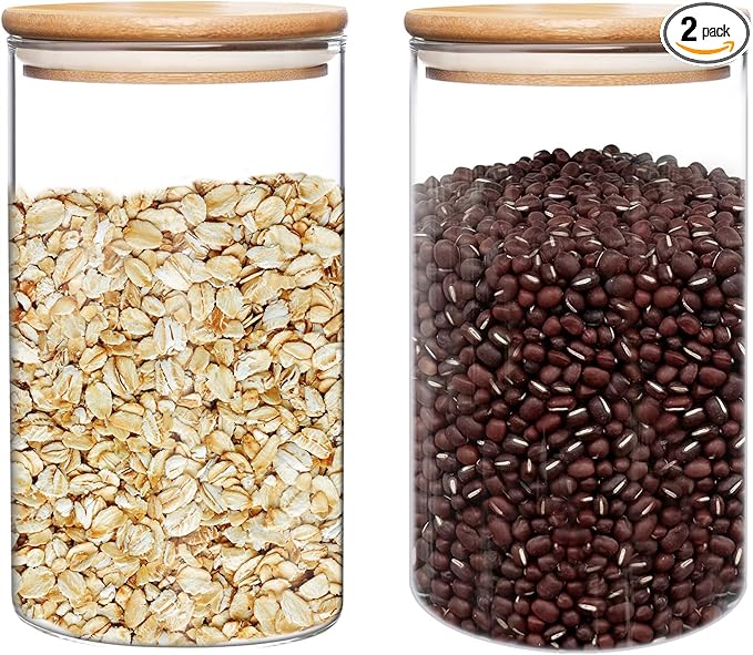 umieo Large Glass Flour and Sugar Containers 50oz Set of 2, Glass Jar with Airtight Lids, Clear Storage Containers with Bamboo Lids for Rice, Oat, Nuts, Candy, Cereal, Coffee, Beans