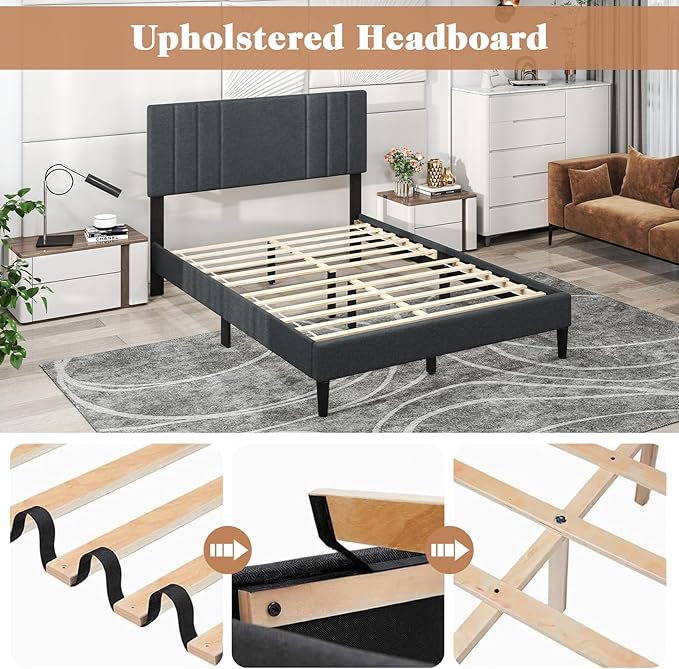 Giantex Full Size Platform Bed Frame, Modern Upholstered Bed Frame with Vertical Channel Tufted Headboard, Wooden Slats Support, No Box Spring Needed, Gray