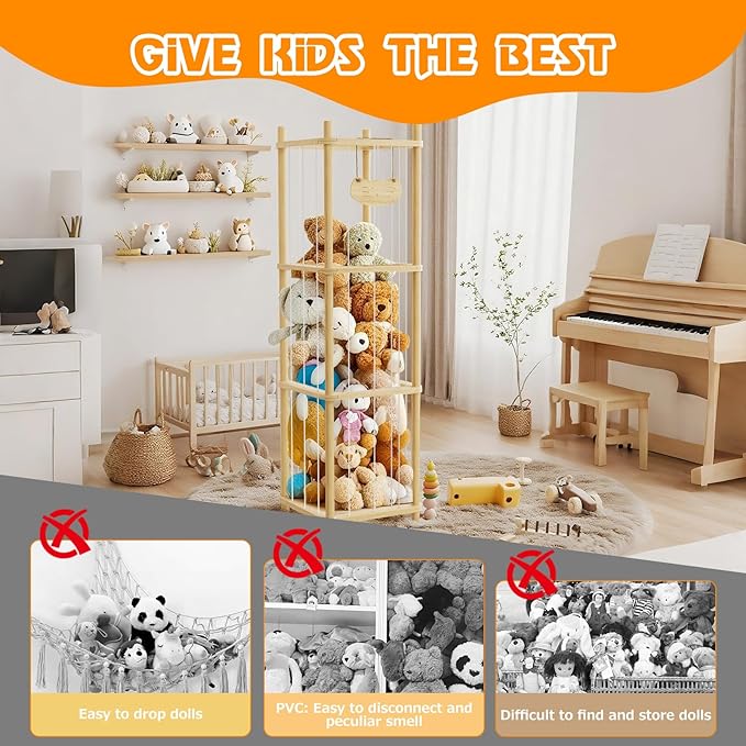 Stuffed Animal Storage , Wooden Stuffed Animal Storage with High Elastic Rope, Large Stuffed Animal Zoo for Nursery Playroom Bedroom (log color)
