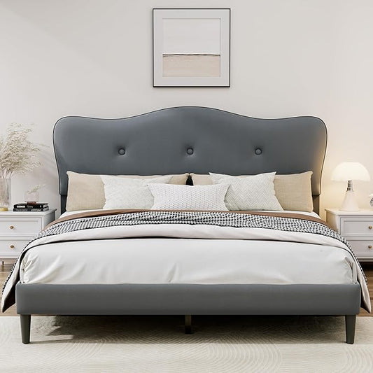 Queen Size Bed Frame, Upholstered Bed Frame with Headboard, Platform Bed Frame with Wood Slats Support, No Box Spring Needed, Adjustable Height Headboard, Dark Grey