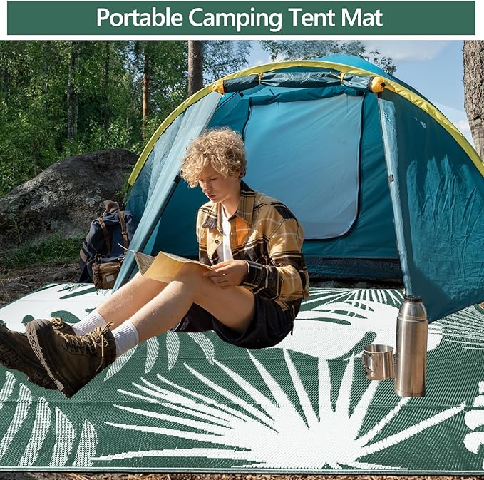 Waterproof Outdoor Rug 6x9 ft, Reversible Plastic Straw Mat with Leaf Pattern, Large Floor Mat for Patio, Camping, Picnic, Backyard RV, Deck, Dark Green