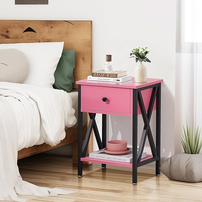 VECELO Nightstand,Modern Bedside End Table, Night Stand with Drawer and Storage Shelf for Living Room Bedroom, Industrial Metal Frame