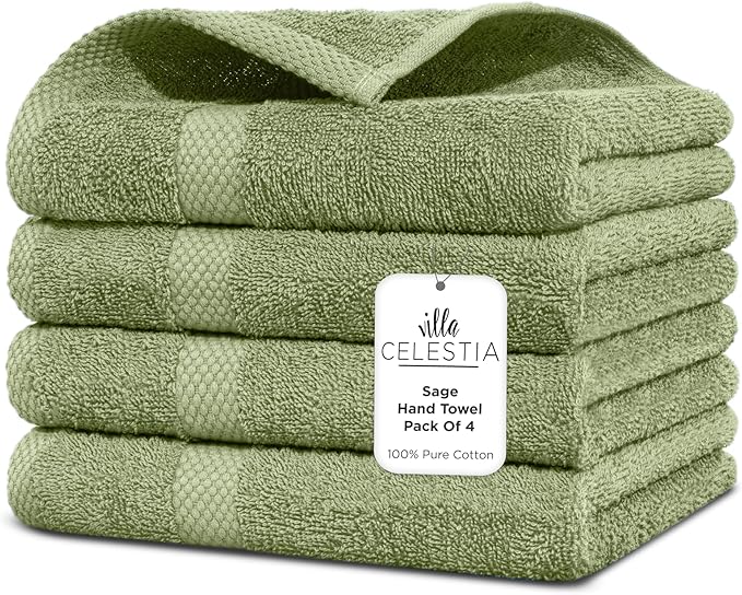 100% Cotton Hand Towel Set of 4, (16 x 28 inches) Sustainable, Soft, Highly Absorbent, Quick Drying, Combed Cotton Hand Towels Pack of 4 Ideal for Hotels, Spa, Bathroom, Dorm, Sage